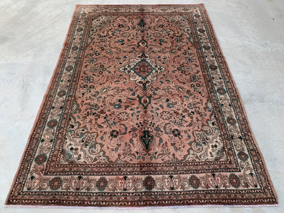Handgemaakt Perzisch wollen vloerkleed 7x10 - Blush Beige Bloemenmedaillon Perzisch stijl kleed met ivoorkleurige rand - Exacte afmeting 9'6" x 6'7" - KBHM-839