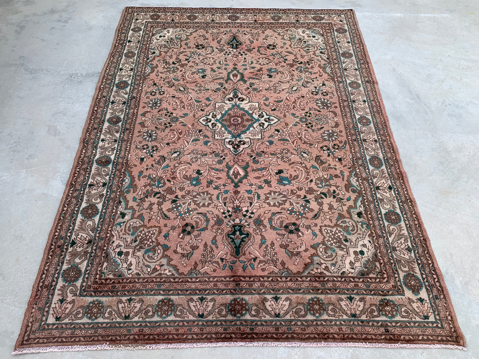 Handgemaakt Perzisch wollen vloerkleed 7x10 - Blush Beige Bloemenmedaillon Perzisch stijl kleed met ivoorkleurige rand - Exacte afmeting 9'6" x 6'7" - KBHM-839