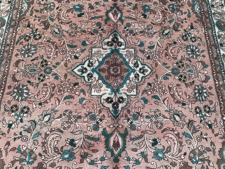 Handgemaakt Perzisch wollen vloerkleed 7x10 - Blush Beige Bloemenmedaillon Perzisch stijl kleed met ivoorkleurige rand - Exacte afmeting 9'6" x 6'7" - KBHM-839