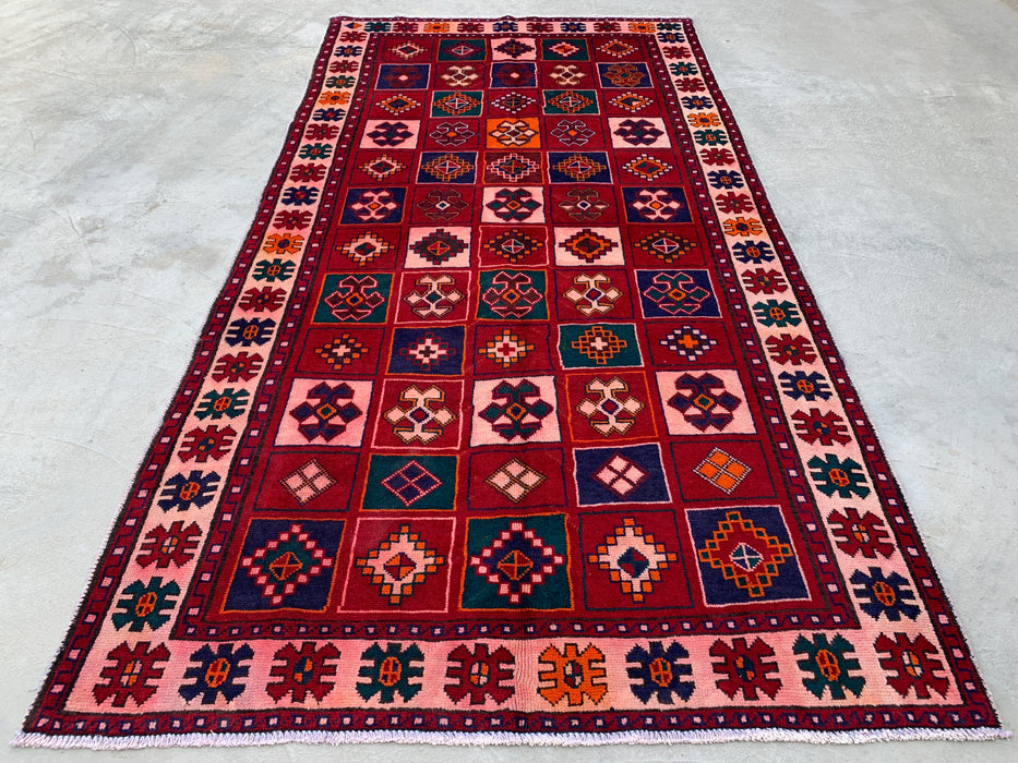 9'5 x 4'9 Handgeknoopt Perzisch wollen tapijt - Rood geometrisch tribaal paneelontwerp - KBHM-840