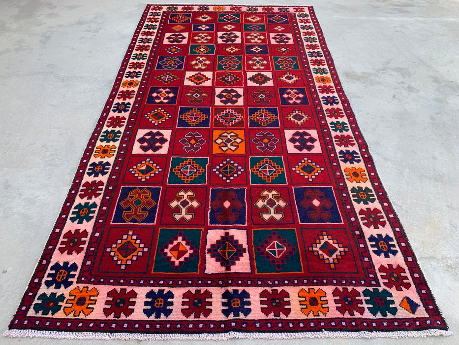 9'5 x 4'9 Handgeknoopt Perzisch wollen tapijt - Rood geometrisch tribaal paneelontwerp - KBHM-840
