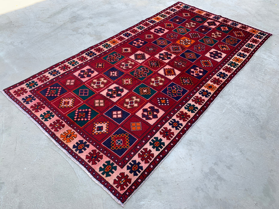 9'5 x 4'9 Handgeknoopt Perzisch wollen tapijt - Rood geometrisch tribaal paneelontwerp - KBHM-840