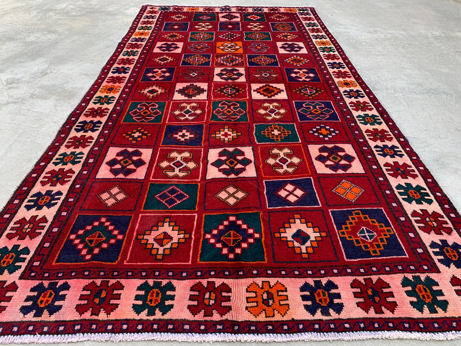 9'5 x 4'9 Handgeknoopt Perzisch wollen tapijt - Rood geometrisch tribaal paneelontwerp - KBHM-840