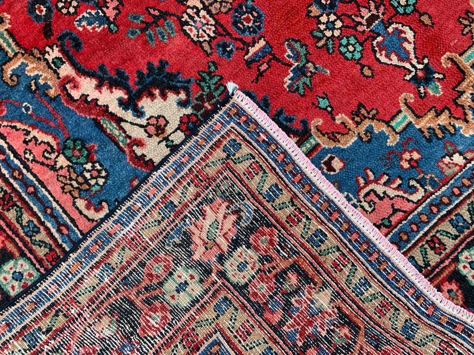 Handgemaakt Perzisch wollen vloerkleed 7x10 - Rood Perzisch tapijt met bloemmotief en blauwe rand - Exacte afmetingen 9'11" x 7'0" - KBHM-841