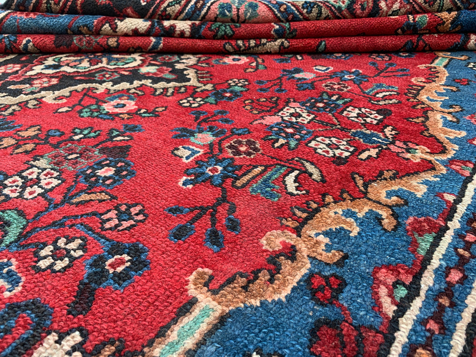 Handgemaakt Perzisch wollen vloerkleed 7x10 - Rood Perzisch tapijt met bloemmotief en blauwe rand - Exacte afmetingen 9'11" x 7'0" - KBHM-841