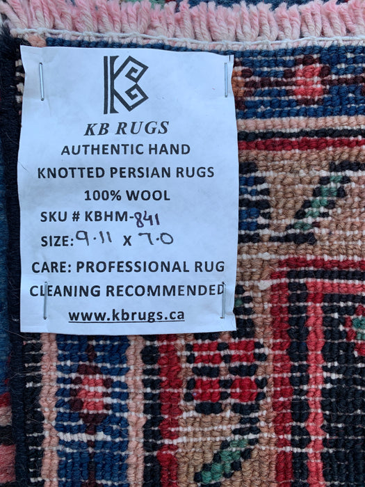 Handgemaakt Perzisch wollen vloerkleed 7x10 - Rood Perzisch tapijt met bloemmotief en blauwe rand - Exacte afmetingen 9'11" x 7'0" - KBHM-841