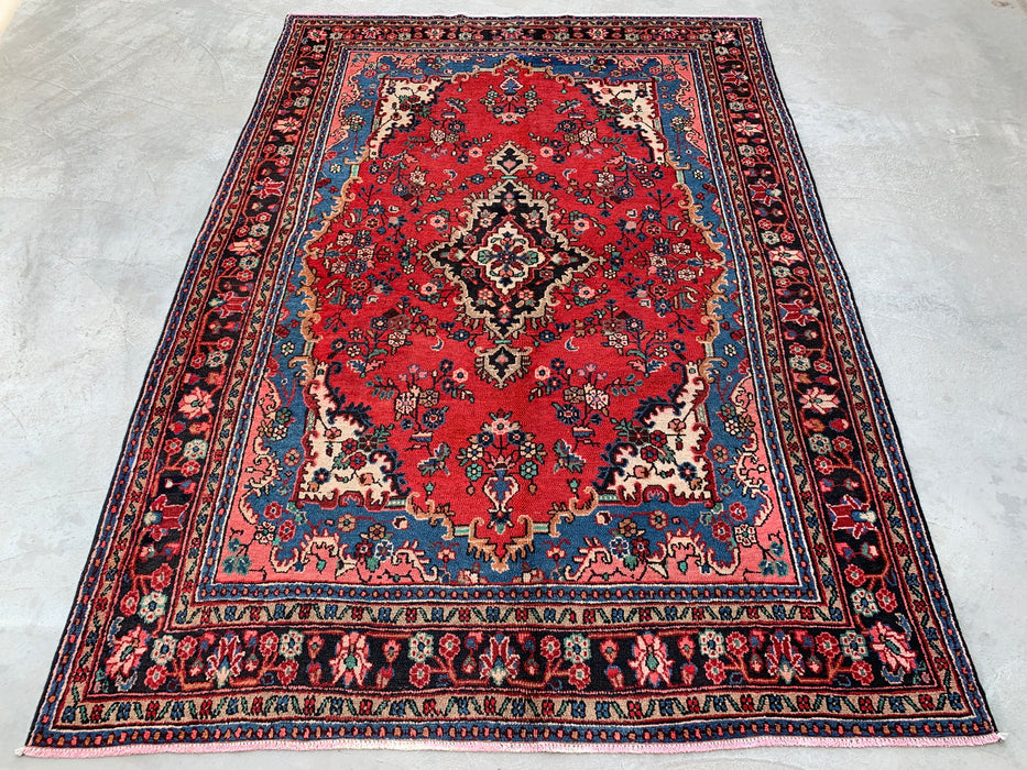 Handgemaakt Perzisch wollen vloerkleed 7x10 - Rood Perzisch tapijt met bloemmotief en blauwe rand - Exacte afmetingen 9'11" x 7'0" - KBHM-841