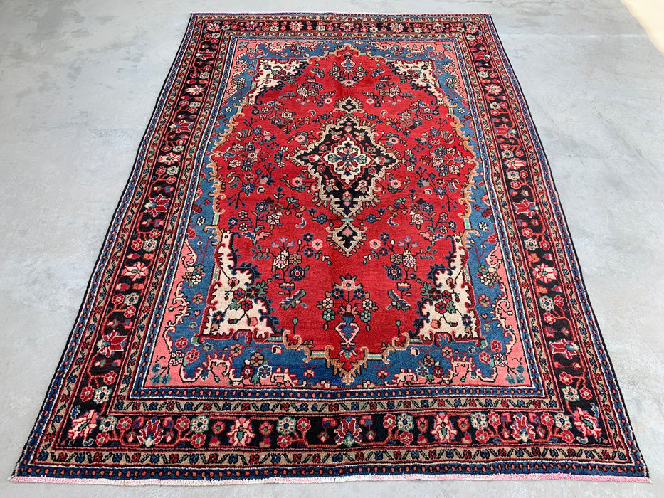 Handgemaakt Perzisch wollen vloerkleed 7x10 - Rood Perzisch tapijt met bloemmotief en blauwe rand - Exacte afmetingen 9'11" x 7'0" - KBHM-841