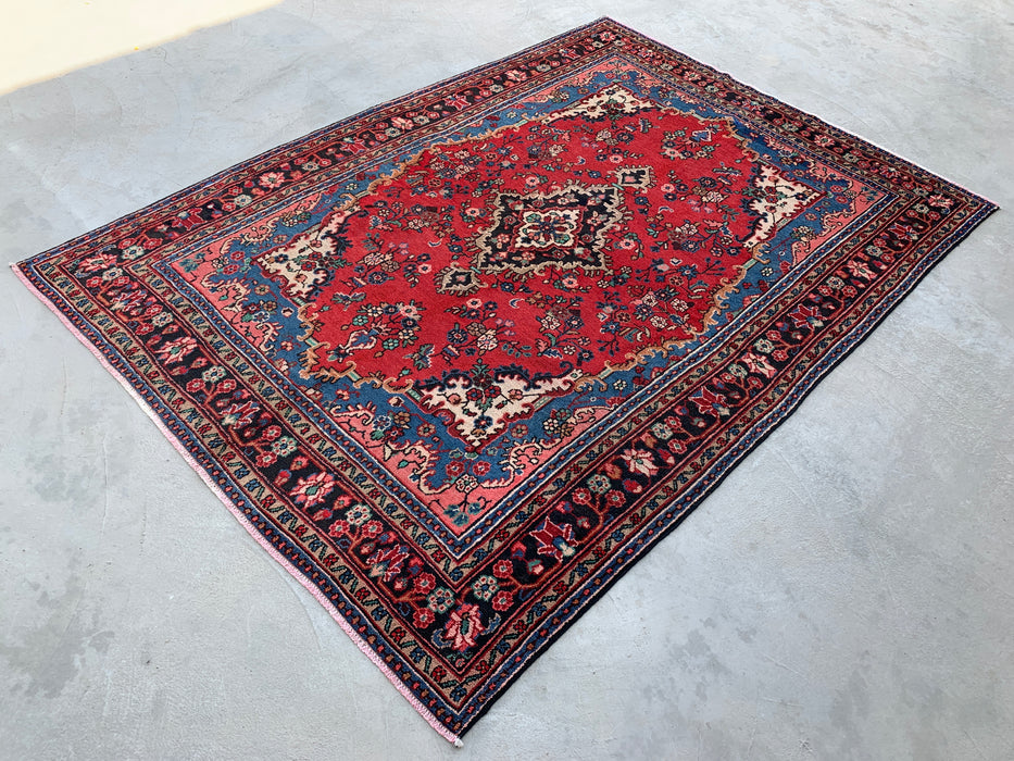 Handgemaakt Perzisch wollen vloerkleed 7x10 - Rood Perzisch tapijt met bloemmotief en blauwe rand - Exacte afmetingen 9'11" x 7'0" - KBHM-841