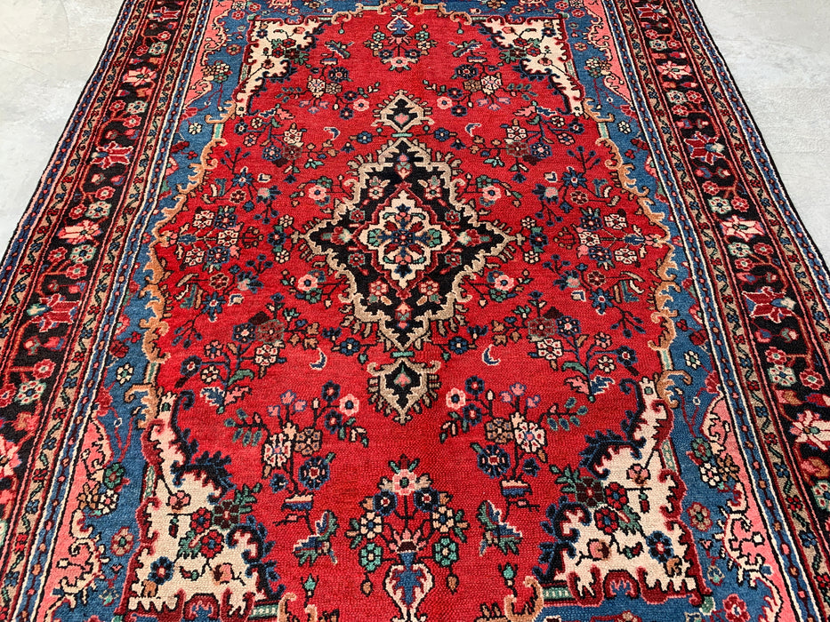 Handgemaakt Perzisch wollen vloerkleed 7x10 - Rood Perzisch tapijt met bloemmotief en blauwe rand - Exacte afmetingen 9'11" x 7'0" - KBHM-841
