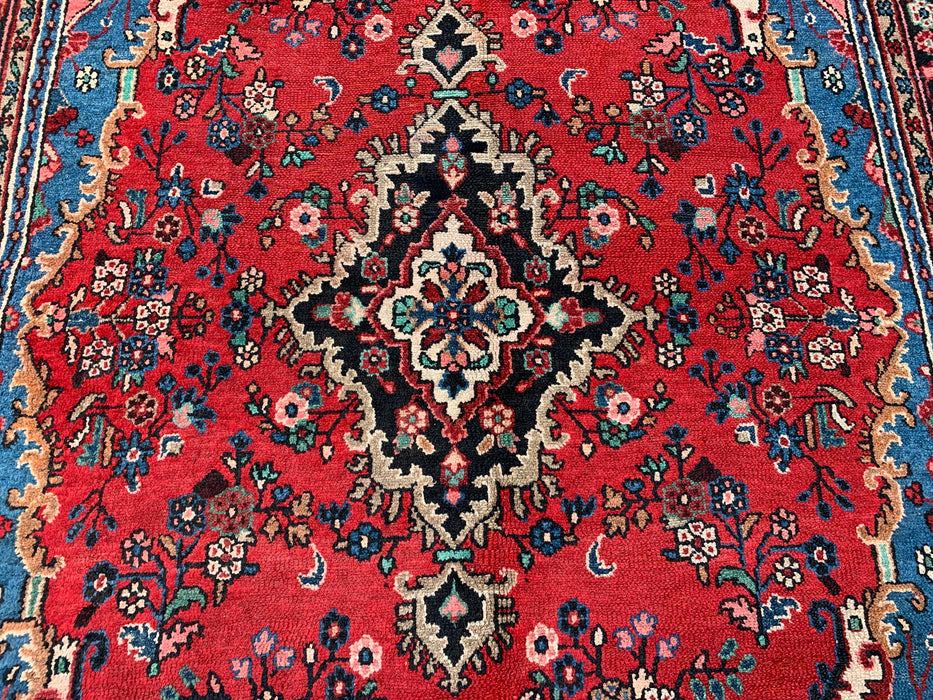 Handgemaakt Perzisch wollen vloerkleed 7x10 - Rood Perzisch tapijt met bloemmotief en blauwe rand - Exacte afmetingen 9'11" x 7'0" - KBHM-841