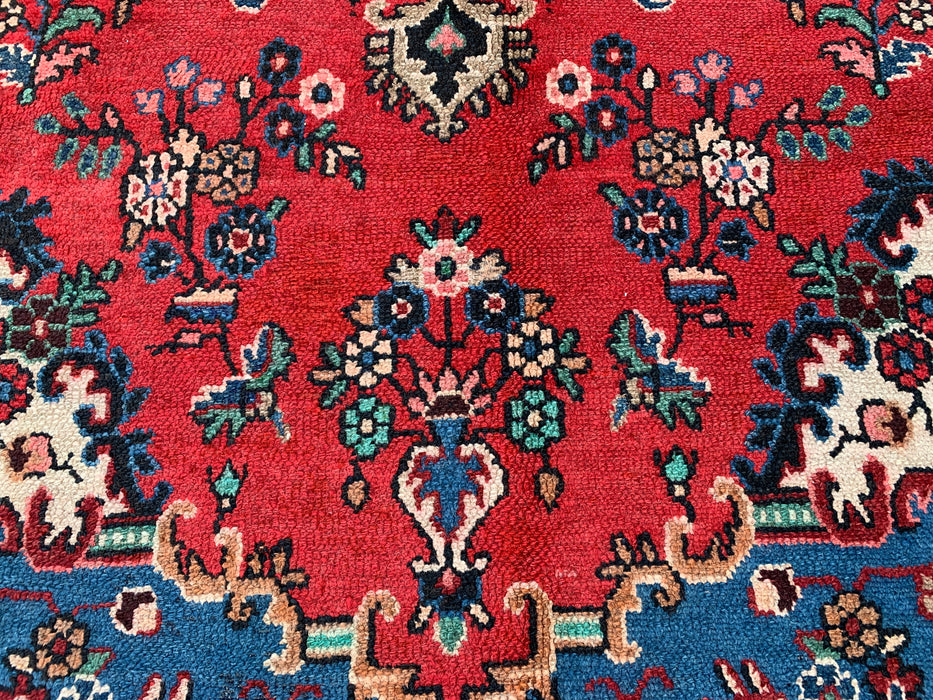 Handgemaakt Perzisch wollen vloerkleed 7x10 - Rood Perzisch tapijt met bloemmotief en blauwe rand - Exacte afmetingen 9'11" x 7'0" - KBHM-841