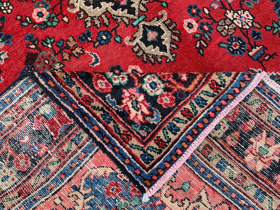 Handgemaakt Perzisch wollen vloerkleed 7x10 - Rood Perzisch tapijt met bloemmotief en blauwe rand - Exacte afmetingen 9'11" x 7'0" - KBHM-841
