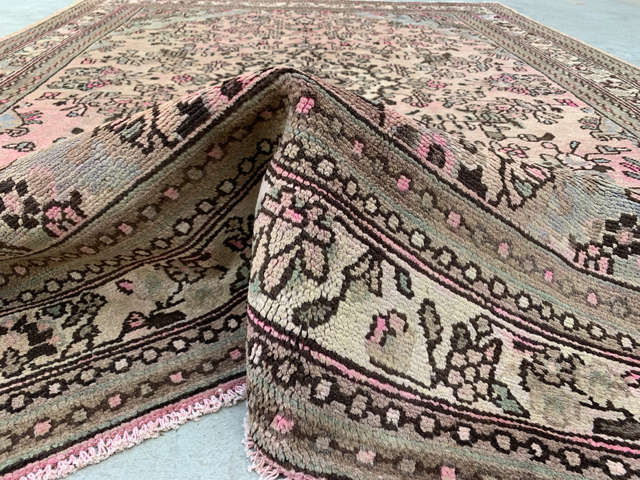 Handgemaakt Perzisch wollen vloerkleed 7x10 - Zachtbeige Perzisch kleed met bloemenmedaillon en ivoorkleurige rand - Exacte afmetingen 9'9" x 7'4" - KBHM-842
