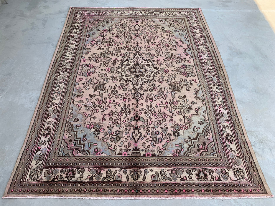 Handgemaakt Perzisch wollen vloerkleed 7x10 - Zachtbeige Perzisch kleed met bloemenmedaillon en ivoorkleurige rand - Exacte afmetingen 9'9" x 7'4" - KBHM-842