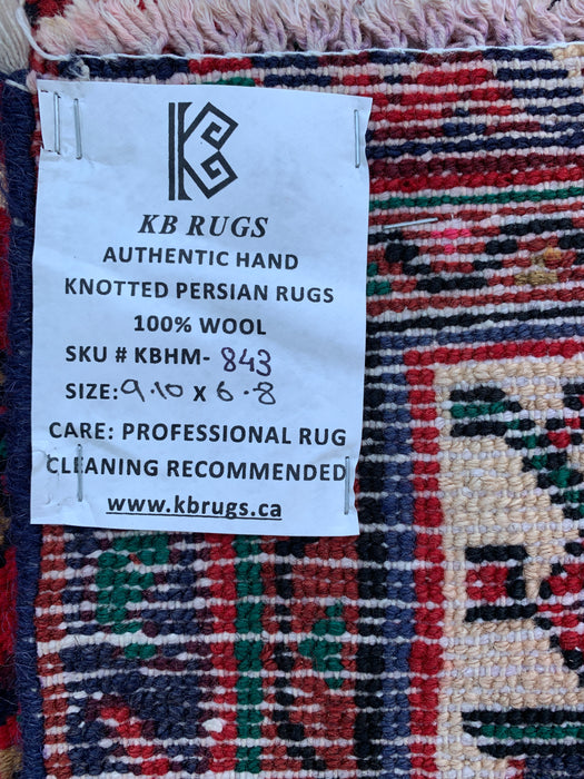 Handgemaakt Perzisch wollen vloerkleed 7x10 - Rood Perzisch tapijt met geometrisch medaillon en ivoorkleurige rand - Exacte afmeting 9'10" x 6'8" - KBHM-843