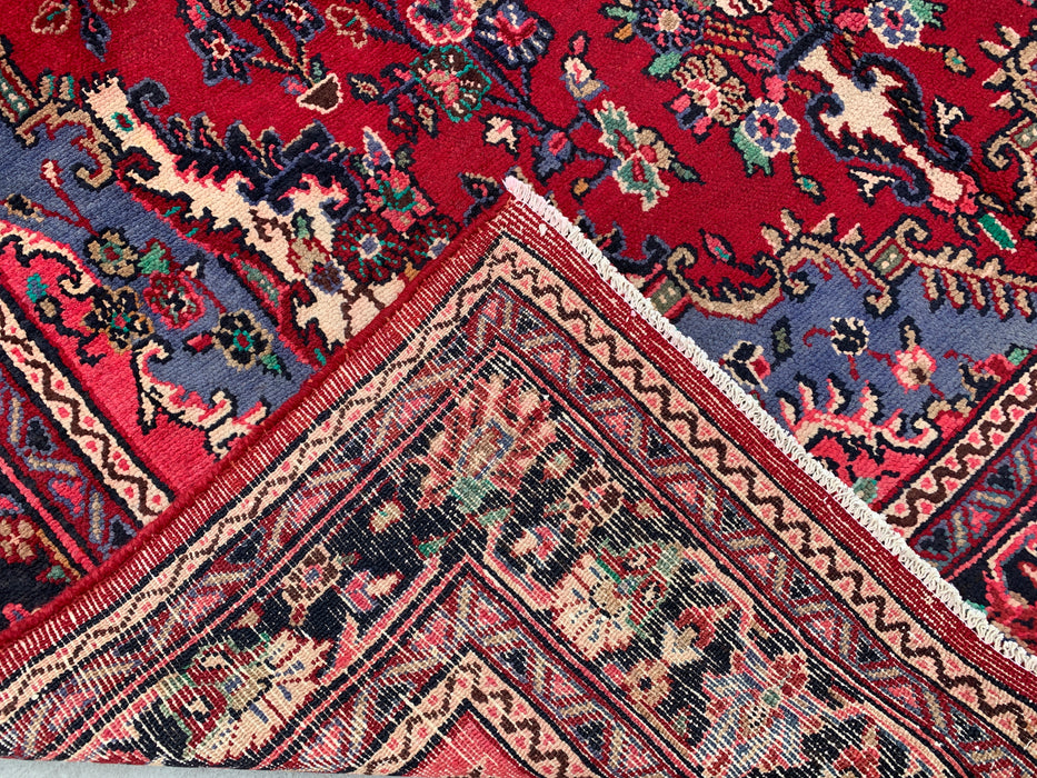 Handgemaakt Perzisch wollen vloerkleed 7x10 - Rood Perzisch tapijt met bloemmedaillon en blauwe rand - Exacte afmeting 10'2" x 7'0" - KBHM-844