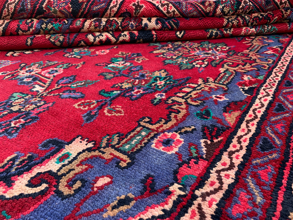 Handgemaakt Perzisch wollen vloerkleed 7x10 - Rood Perzisch tapijt met bloemmedaillon en blauwe rand - Exacte afmeting 10'2" x 7'0" - KBHM-844