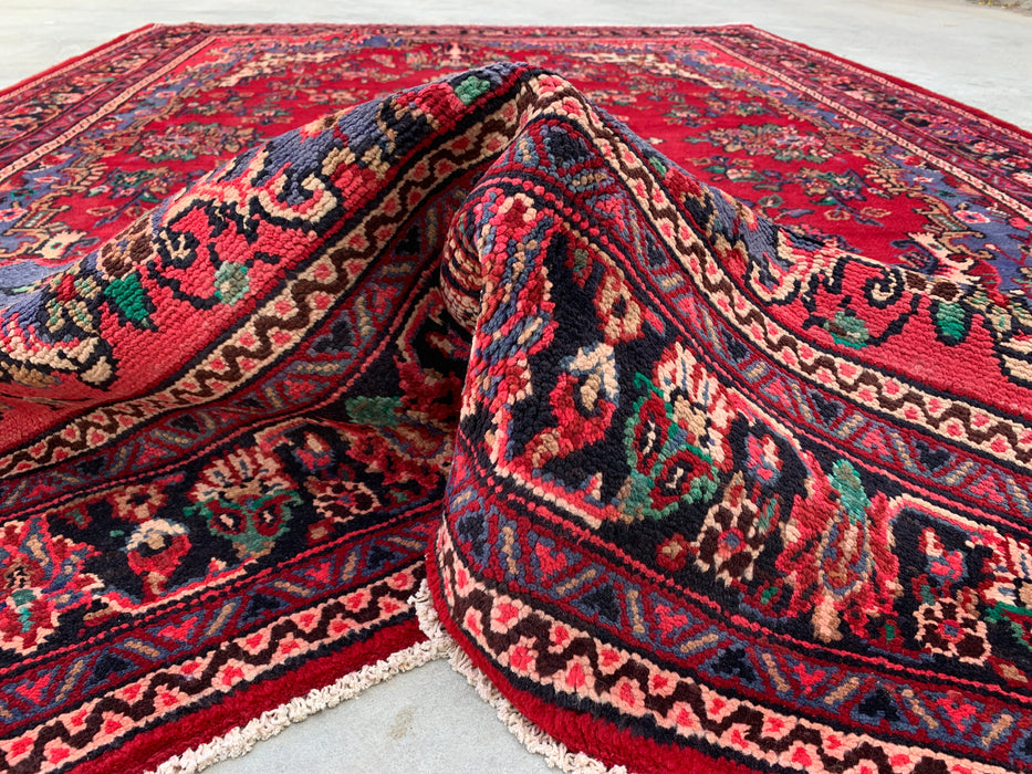 Handgemaakt Perzisch wollen vloerkleed 7x10 - Rood Perzisch tapijt met bloemmedaillon en blauwe rand - Exacte afmeting 10'2" x 7'0" - KBHM-844