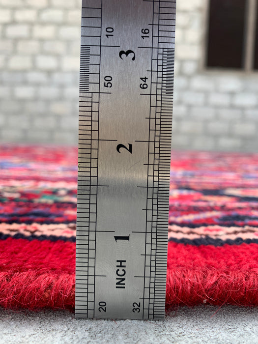 Handgemaakt Perzisch wollen vloerkleed 7x10 - Rood Perzisch tapijt met bloemmedaillon en blauwe rand - Exacte afmeting 10'2" x 7'0" - KBHM-844