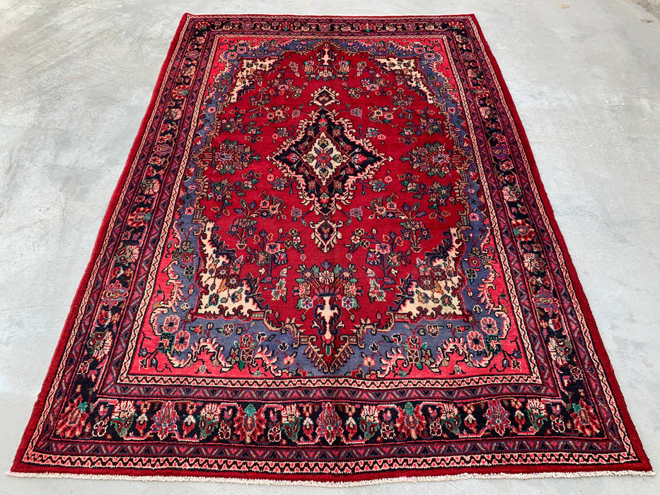 Handgemaakt Perzisch wollen vloerkleed 7x10 - Rood Perzisch tapijt met bloemmedaillon en blauwe rand - Exacte afmeting 10'2" x 7'0" - KBHM-844