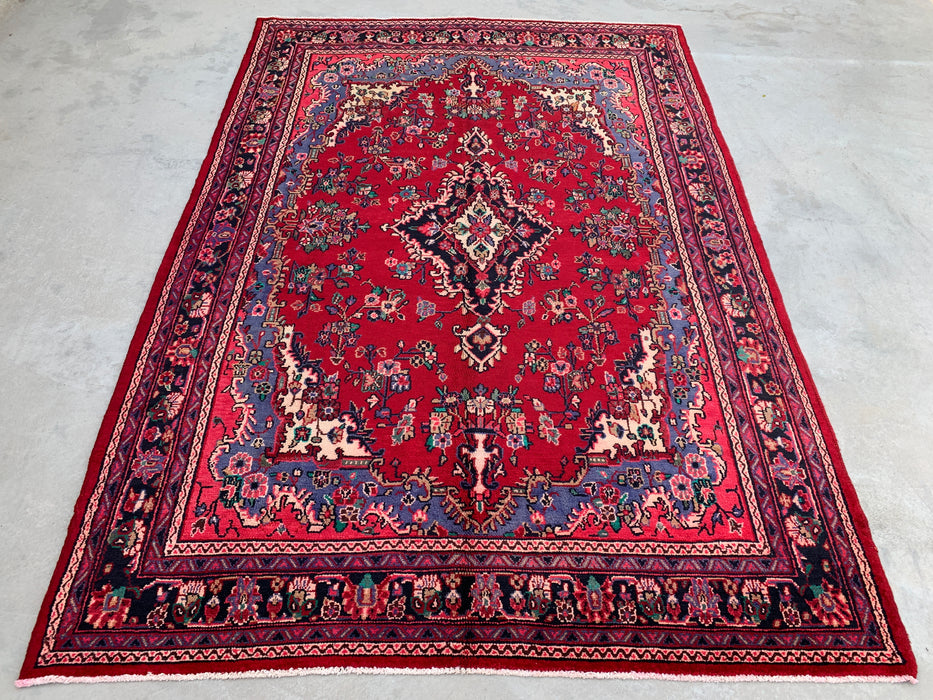 Handgemaakt Perzisch wollen vloerkleed 7x10 - Rood Perzisch tapijt met bloemmedaillon en blauwe rand - Exacte afmeting 10'2" x 7'0" - KBHM-844