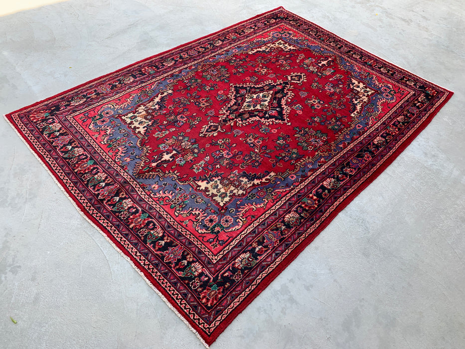 Handgemaakt Perzisch wollen vloerkleed 7x10 - Rood Perzisch tapijt met bloemmedaillon en blauwe rand - Exacte afmeting 10'2" x 7'0" - KBHM-844