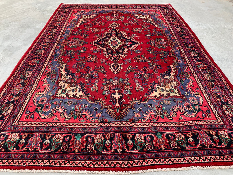 Handgemaakt Perzisch wollen vloerkleed 7x10 - Rood Perzisch tapijt met bloemmedaillon en blauwe rand - Exacte afmeting 10'2" x 7'0" - KBHM-844