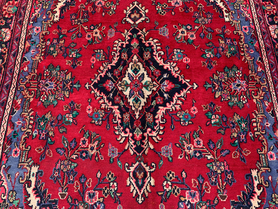 Handgemaakt Perzisch wollen vloerkleed 7x10 - Rood Perzisch tapijt met bloemmedaillon en blauwe rand - Exacte afmeting 10'2" x 7'0" - KBHM-844