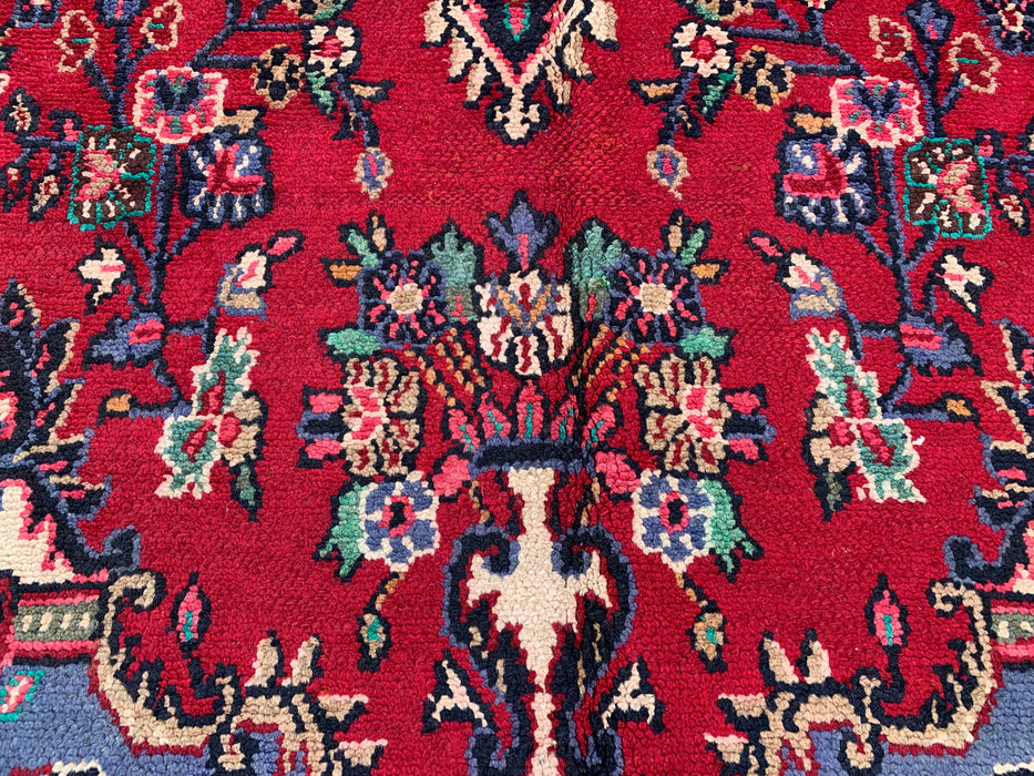 Handgemaakt Perzisch wollen vloerkleed 7x10 - Rood Perzisch tapijt met bloemmedaillon en blauwe rand - Exacte afmeting 10'2" x 7'0" - KBHM-844