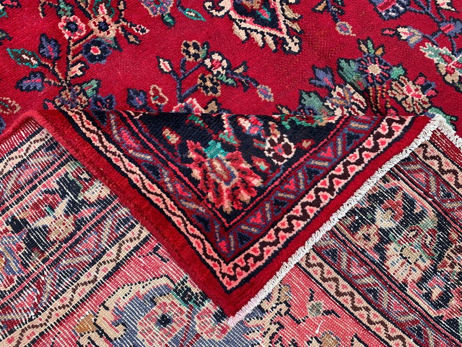 Handgemaakt Perzisch wollen vloerkleed 7x10 - Rood Perzisch tapijt met bloemmedaillon en blauwe rand - Exacte afmeting 10'2" x 7'0" - KBHM-844