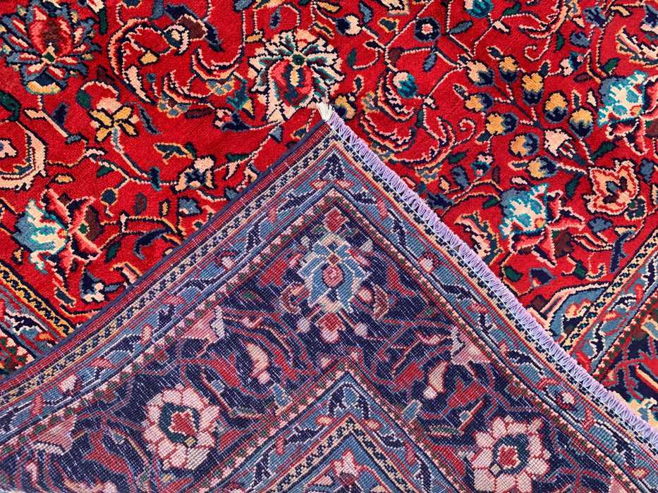 Handgemaakt Perzisch wollen vloerkleed 7x10 - Rood Perzisch tapijt met bloemenmedaillon en marineblauwe rand - Exacte afmeting 9'5" x 7'0" - KBHM-845