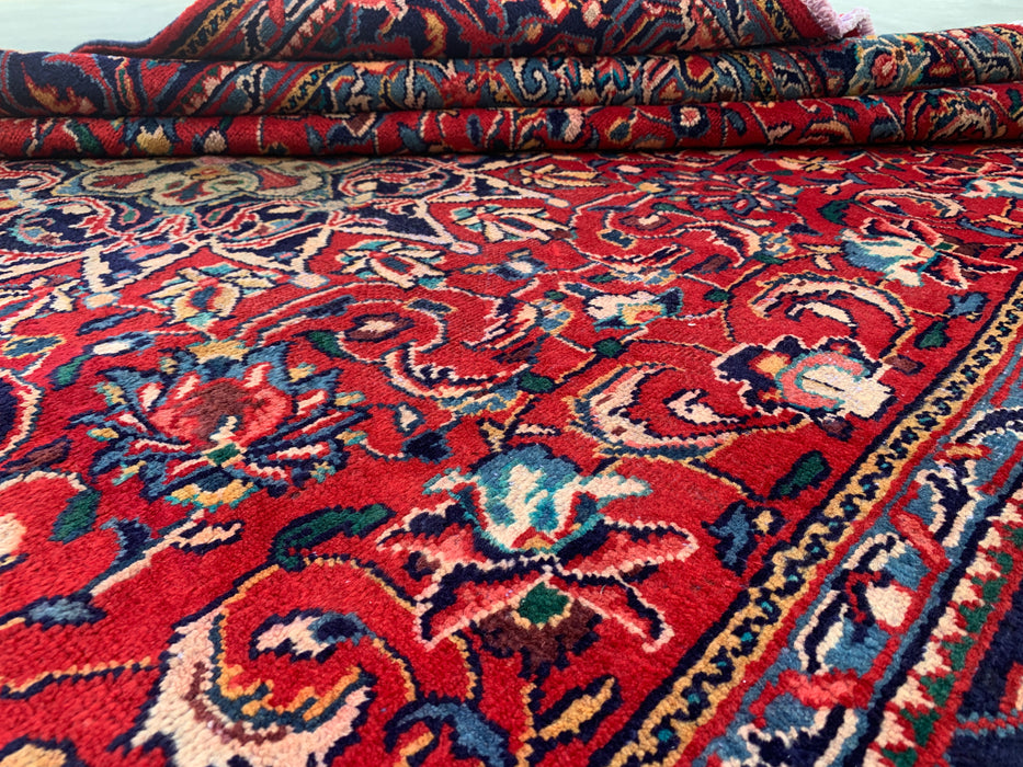 Handgemaakt Perzisch wollen vloerkleed 7x10 - Rood Perzisch tapijt met bloemenmedaillon en marineblauwe rand - Exacte afmeting 9'5" x 7'0" - KBHM-845