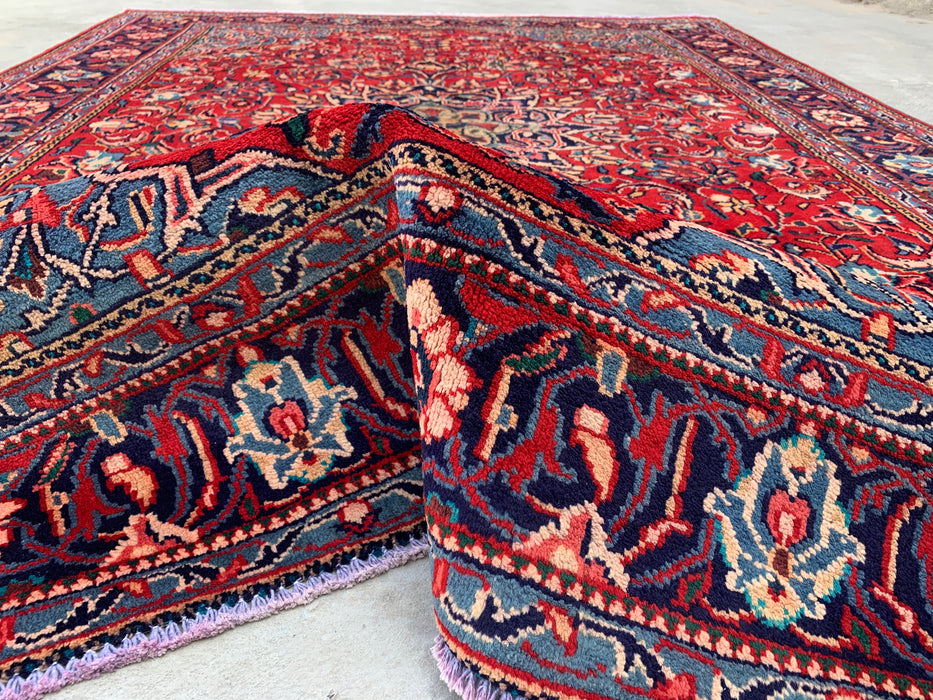 Handgemaakt Perzisch wollen vloerkleed 7x10 - Rood Perzisch tapijt met bloemenmedaillon en marineblauwe rand - Exacte afmeting 9'5" x 7'0" - KBHM-845