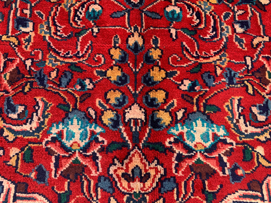 Handgemaakt Perzisch wollen vloerkleed 7x10 - Rood Perzisch tapijt met bloemenmedaillon en marineblauwe rand - Exacte afmeting 9'5" x 7'0" - KBHM-845
