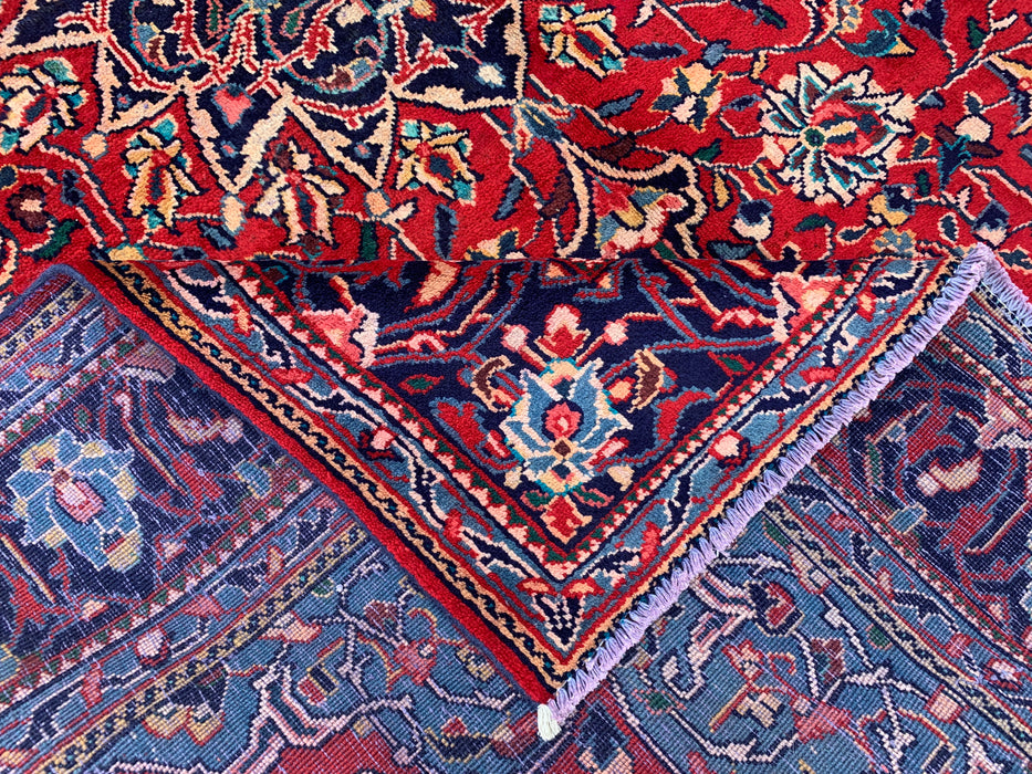 Handgemaakt Perzisch wollen vloerkleed 7x10 - Rood Perzisch tapijt met bloemenmedaillon en marineblauwe rand - Exacte afmeting 9'5" x 7'0" - KBHM-845