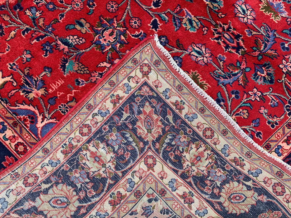Handgemaakt Perzisch wollen vloerkleed 7x10 - Rood Perzisch tapijt met bloemmotief en medaillon en marineblauwe rand - Exacte afmeting 10'4" x 6'11" - KBHM-846