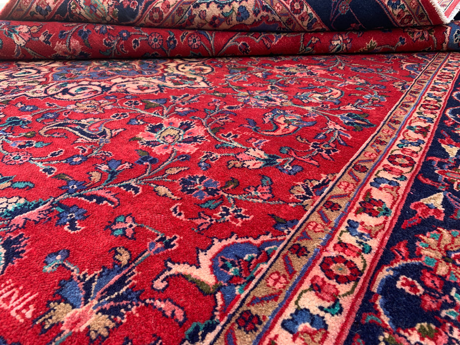 Handgemaakt Perzisch wollen vloerkleed 7x10 - Rood Perzisch tapijt met bloemmotief en medaillon en marineblauwe rand - Exacte afmeting 10'4" x 6'11" - KBHM-846