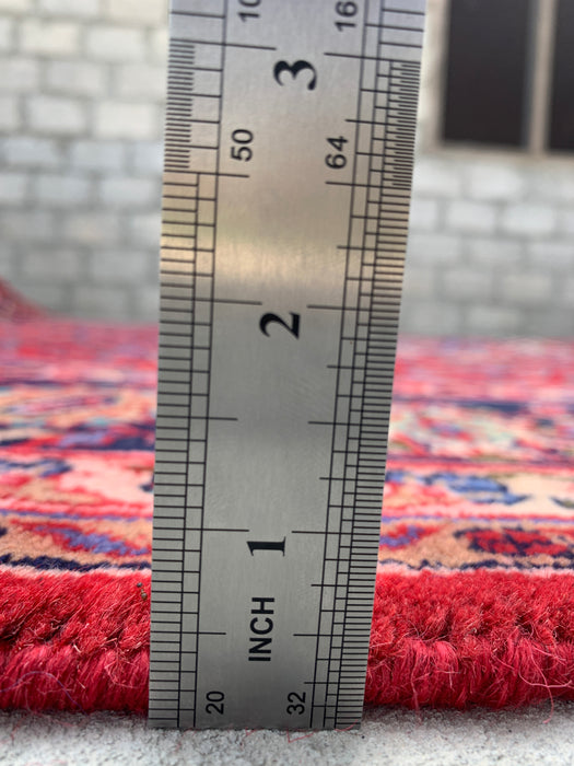 Handgemaakt Perzisch wollen vloerkleed 7x10 - Rood Perzisch tapijt met bloemmotief en medaillon en marineblauwe rand - Exacte afmeting 10'4" x 6'11" - KBHM-846