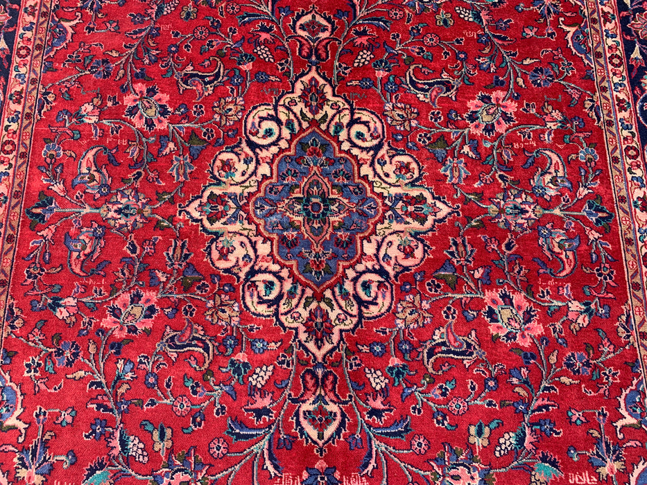 Handgemaakt Perzisch wollen vloerkleed 7x10 - Rood Perzisch tapijt met bloemmotief en medaillon en marineblauwe rand - Exacte afmeting 10'4" x 6'11" - KBHM-846