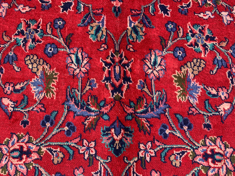 Handgemaakt Perzisch wollen vloerkleed 7x10 - Rood Perzisch tapijt met bloemmotief en medaillon en marineblauwe rand - Exacte afmeting 10'4" x 6'11" - KBHM-846