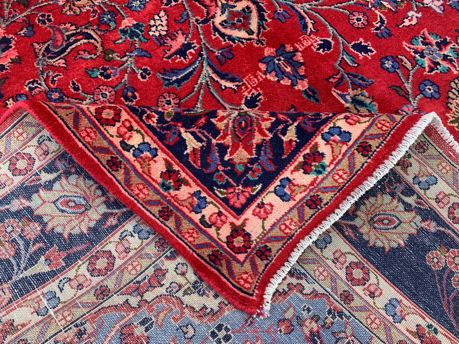 Handgemaakt Perzisch wollen vloerkleed 7x10 - Rood Perzisch tapijt met bloemmotief en medaillon en marineblauwe rand - Exacte afmeting 10'4" x 6'11" - KBHM-846