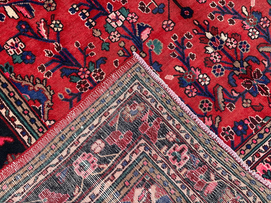 Handgemaakt Perzisch wollen vloerkleed 213x305 cm - Rood bloemenmedaillon Perzisch stijl tapijt met marineblauwe rand - Exacte afmeting 305 cm x 213 cm - KBHM-847