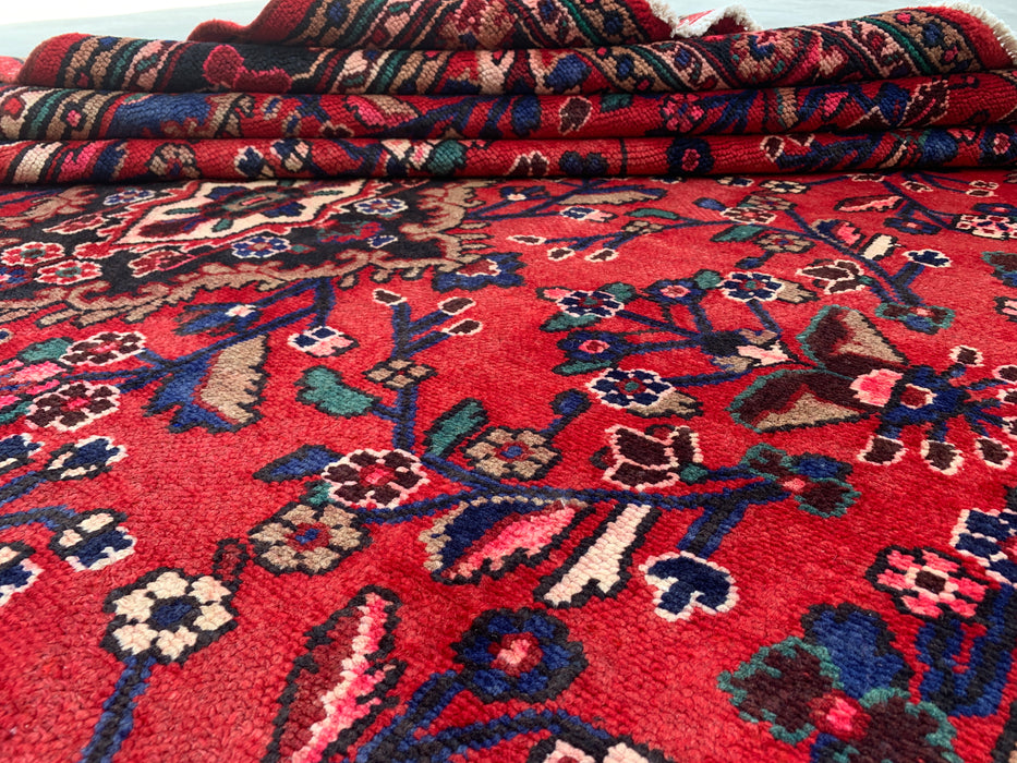 Handgemaakt Perzisch wollen vloerkleed 213x305 cm - Rood bloemenmedaillon Perzisch stijl tapijt met marineblauwe rand - Exacte afmeting 305 cm x 213 cm - KBHM-847