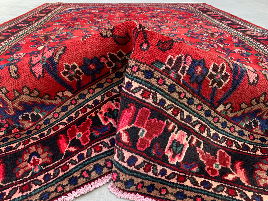 Handgemaakt Perzisch wollen vloerkleed 213x305 cm - Rood bloemenmedaillon Perzisch stijl tapijt met marineblauwe rand - Exacte afmeting 305 cm x 213 cm - KBHM-847