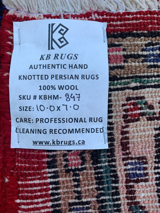 Handgemaakt Perzisch wollen vloerkleed 213x305 cm - Rood bloemenmedaillon Perzisch stijl tapijt met marineblauwe rand - Exacte afmeting 305 cm x 213 cm - KBHM-847