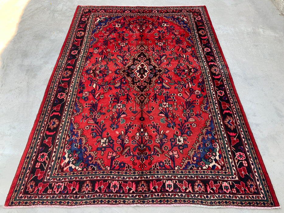 Handgemaakt Perzisch wollen vloerkleed 213x305 cm - Rood bloemenmedaillon Perzisch stijl tapijt met marineblauwe rand - Exacte afmeting 305 cm x 213 cm - KBHM-847