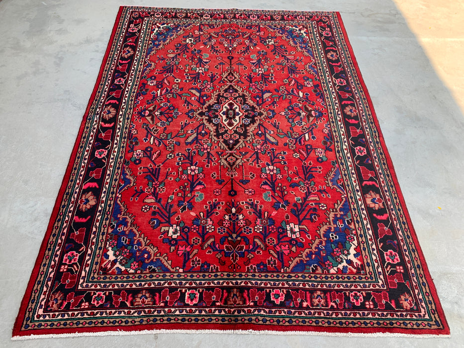 Handgemaakt Perzisch wollen vloerkleed 213x305 cm - Rood bloemenmedaillon Perzisch stijl tapijt met marineblauwe rand - Exacte afmeting 305 cm x 213 cm - KBHM-847