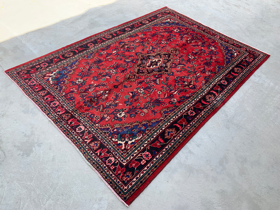 Handgemaakt Perzisch wollen vloerkleed 213x305 cm - Rood bloemenmedaillon Perzisch stijl tapijt met marineblauwe rand - Exacte afmeting 305 cm x 213 cm - KBHM-847