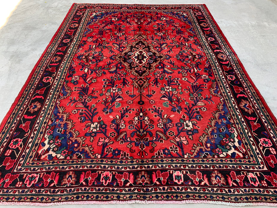 Handgemaakt Perzisch wollen vloerkleed 213x305 cm - Rood bloemenmedaillon Perzisch stijl tapijt met marineblauwe rand - Exacte afmeting 305 cm x 213 cm - KBHM-847
